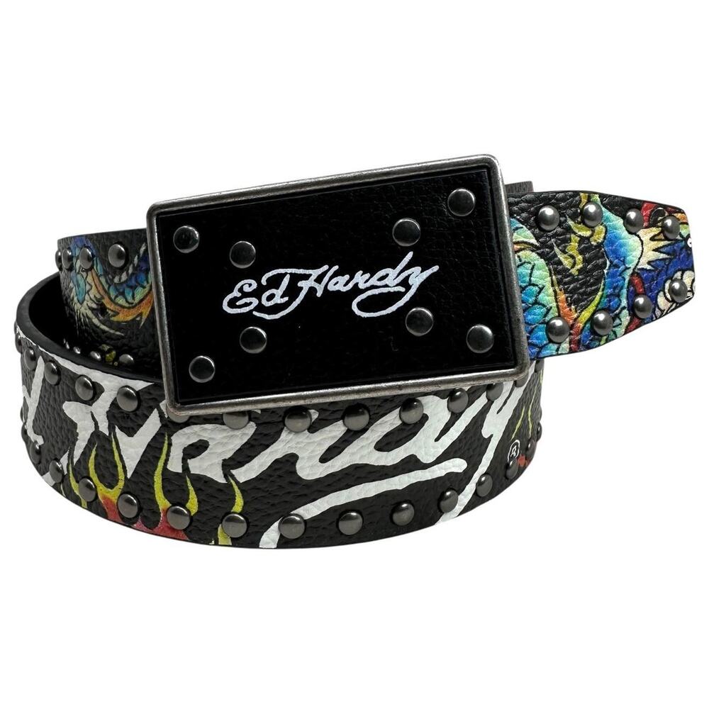 Ed Hardy Men's Dragon Tattoo Rivet Studs Black Belt With Plaque Buckle - Picture 1 of 6
